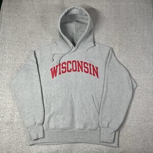 Wisconsin Badgers Hoodie Mens L Gray Spellout Reverse Weave Sweatshirt VTG